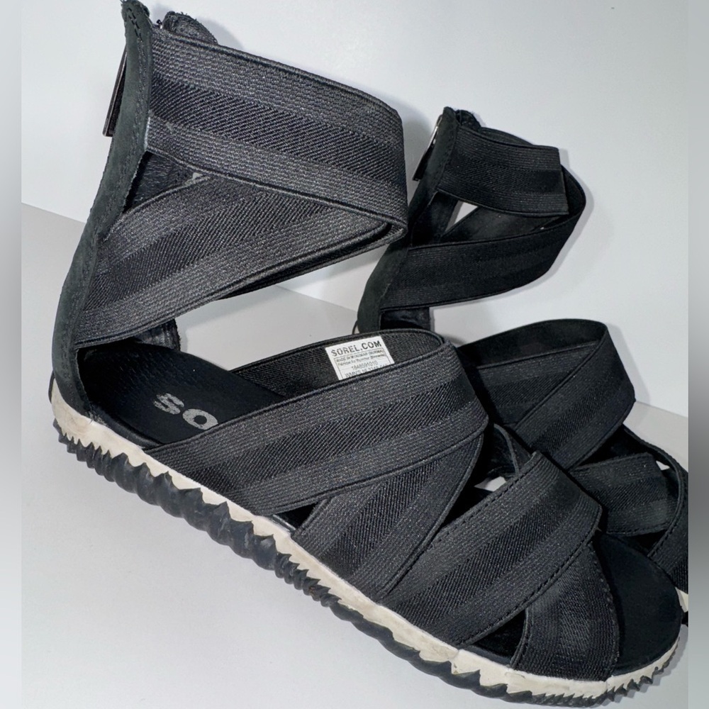 Sorel Black Strappy Zip-Back Women’s Sandals - Picture 8 of 11